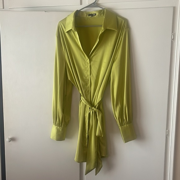 Satin Lime Green Shirt Dress - Picture 3 of 8